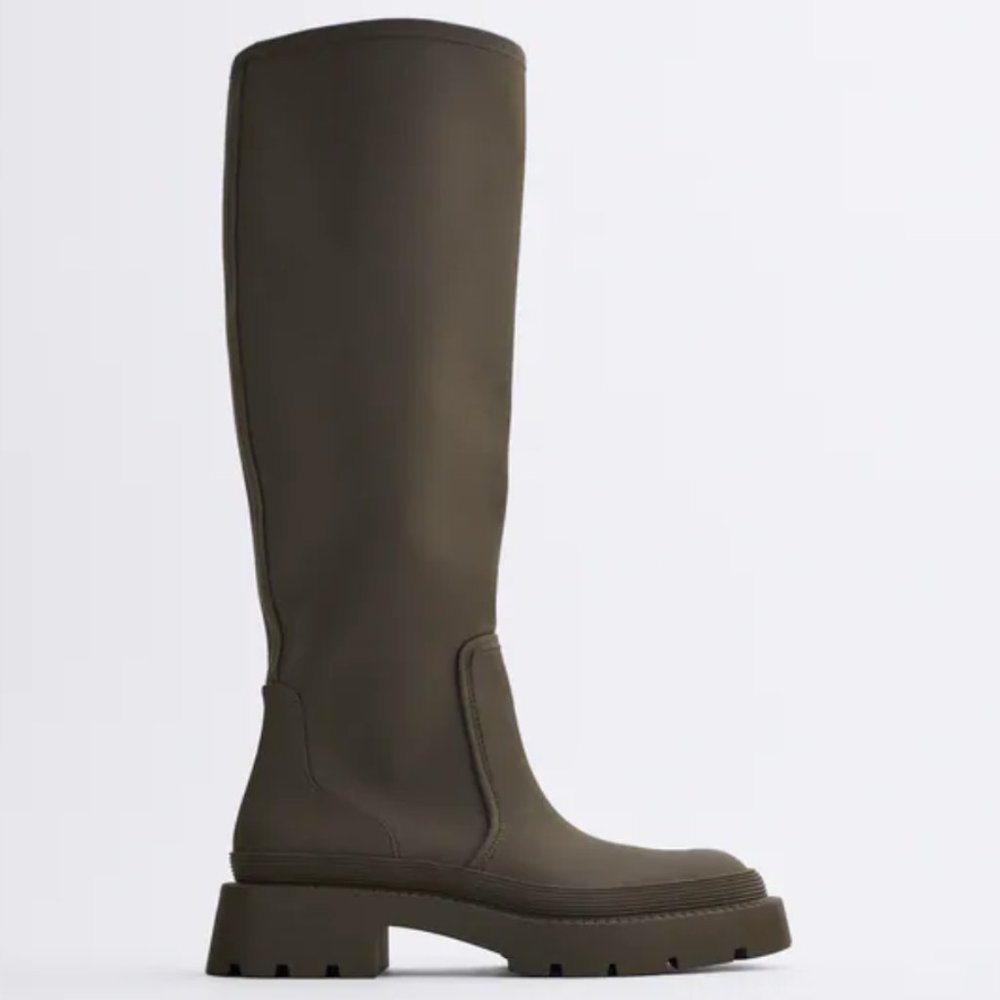 NWT Zara Low Heeled Khaki Green Rubberized Boots 8 - Picture 2 of 8